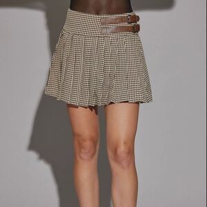 Brown Houndstooth Two Belted Pleated Mini Skirt brown
